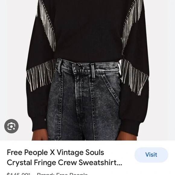 New Free People X Vintage Soul Crystal Fringe Crew Size S Washed Black - Picture 5 of 14